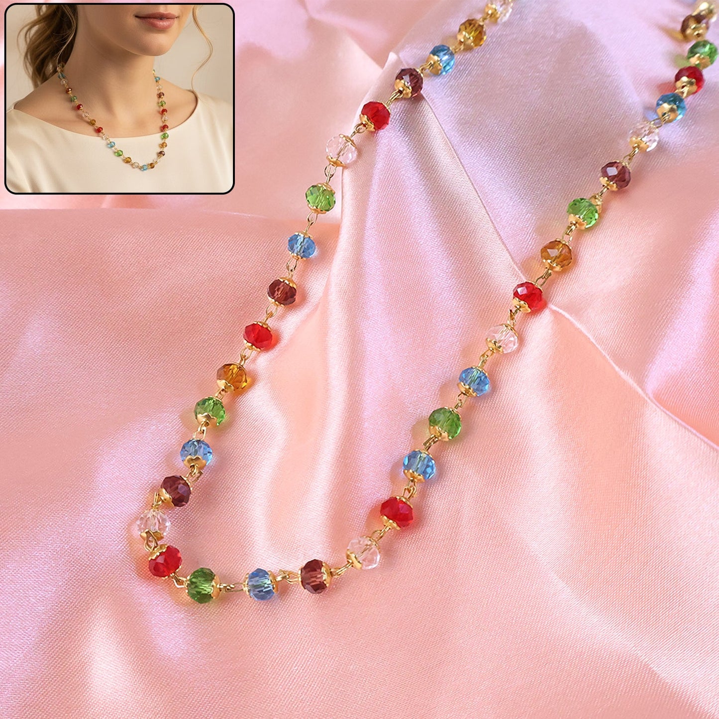 Multicolour Crystal Beaded Necklace with  Artificial Gold-Tone Links (1Pc)