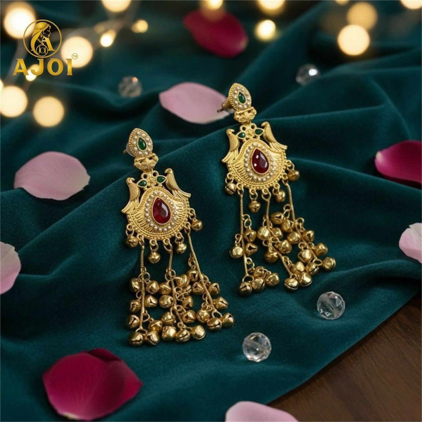 Kashmiri Heritage  Artificial Gold-Plated Dangler Earring with Red Teardrop Stone, Pearl Detailing & Ghungroo Chains.