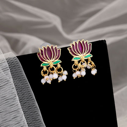 Artificial Gold-Toned maroon-Green Enamel Lotus & Pearl Choker Set