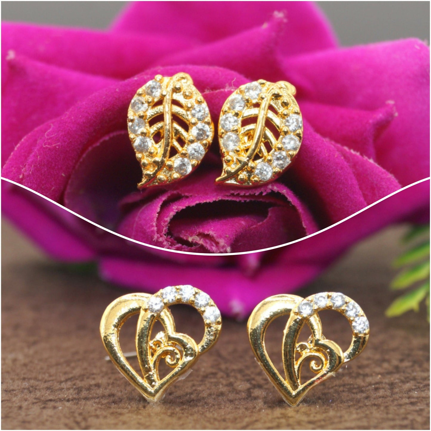Artificial Gold Plated AD Stud Earrings Combo: Heart & Leaf Designs for women and girls Combo Pack of 2