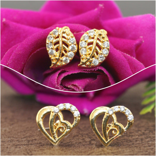 Artificial Gold Plated AD Stud Earrings Combo: Heart & Leaf Designs for women and girls Combo Pack of 2