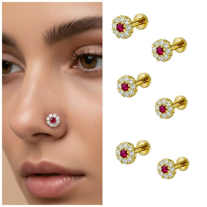 Artificial Gold plated Ruby & Diamond Floral Halo Nose Pin Labret Stud Combo Pack of 6