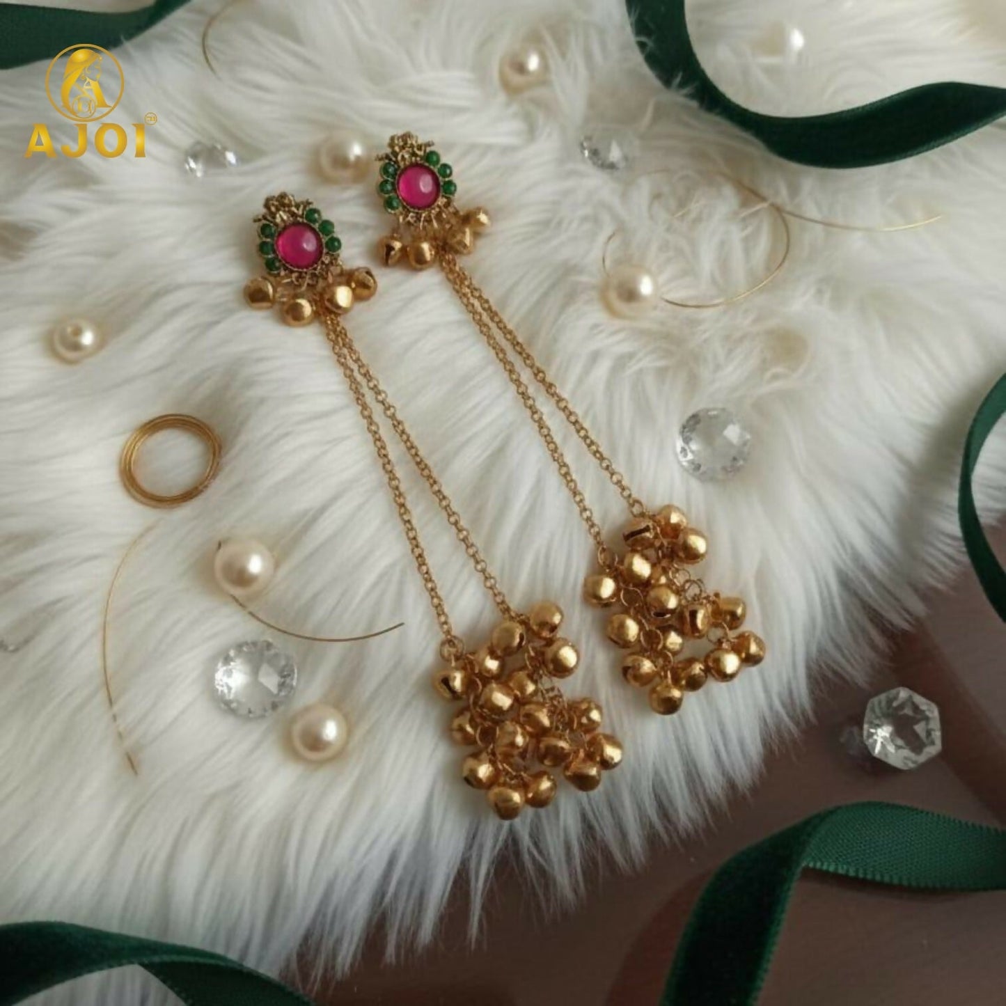 Royal Kashmiri-Inspired  Artificial Gold-Plated ERuby Pink & Emerald Green Stones, Dual Chain Ghungroo Drops