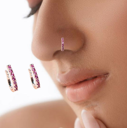 Rose    Artificial Gold Double Row Pink Studded Nose Ring/Cuff Combo Pack of 2