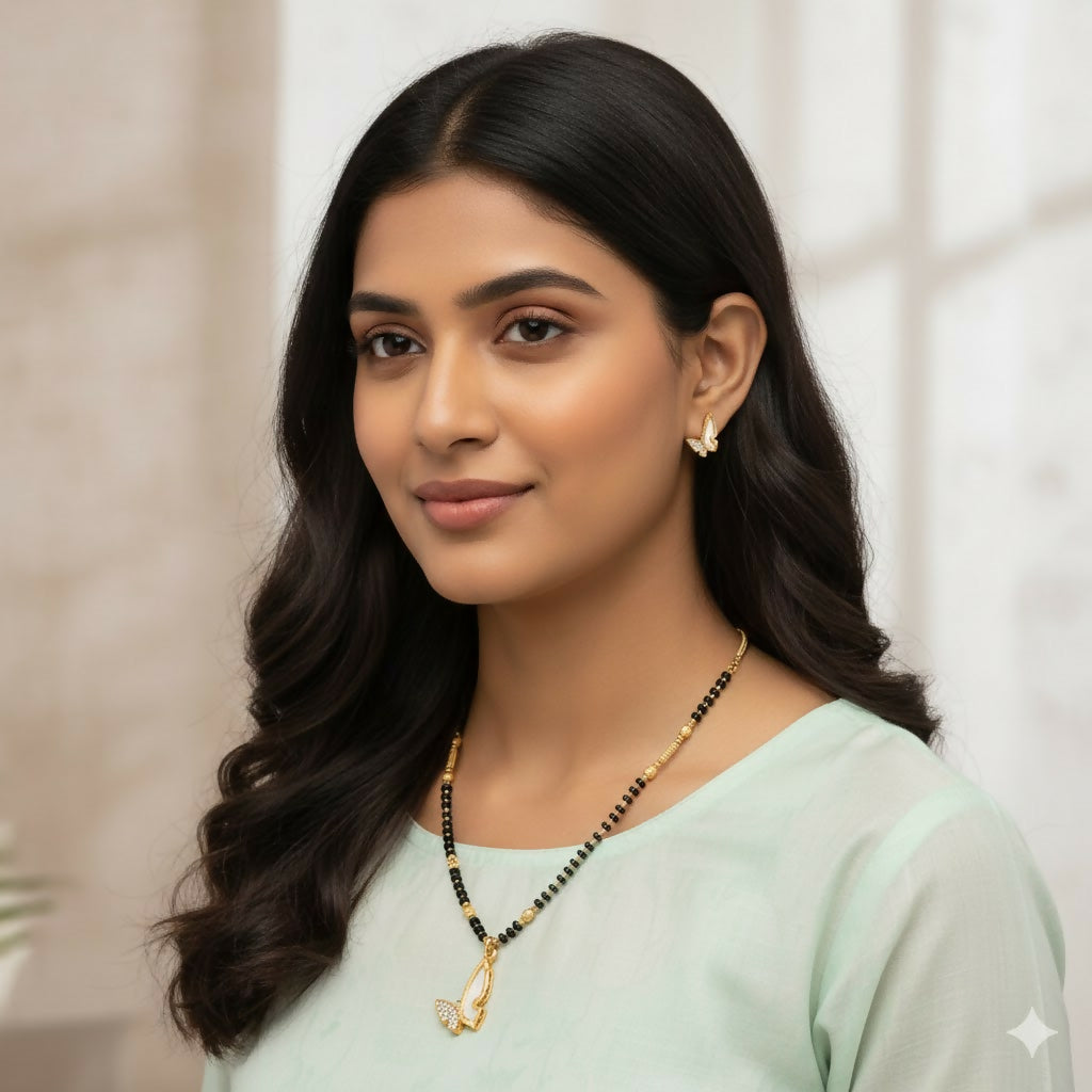 Artificial Gold-Plated AD Butterfly Mangalsutra & Matching Earrings Set for women