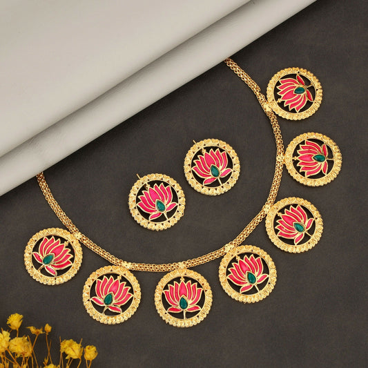 Bold   Artificial Gold-Tone Green-Pink Crystal & Pearl Choker Set