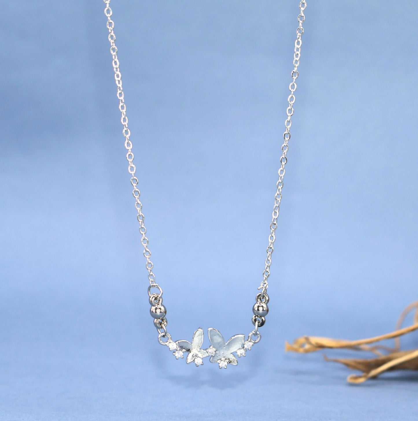 Silver Tone AD Pave Double Butterfly Bar Pendant Necklace