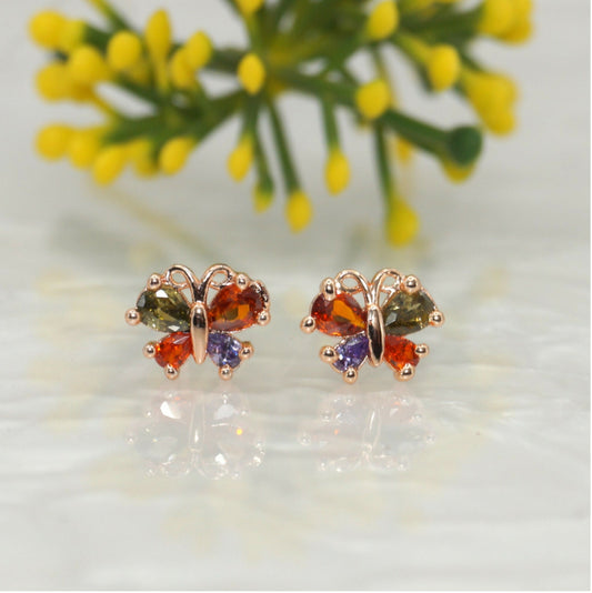 Rose    Artificial Gold Butterfly Stud Earrings | Multi-Color AD | Cute Daily Jewelry for women and girls
