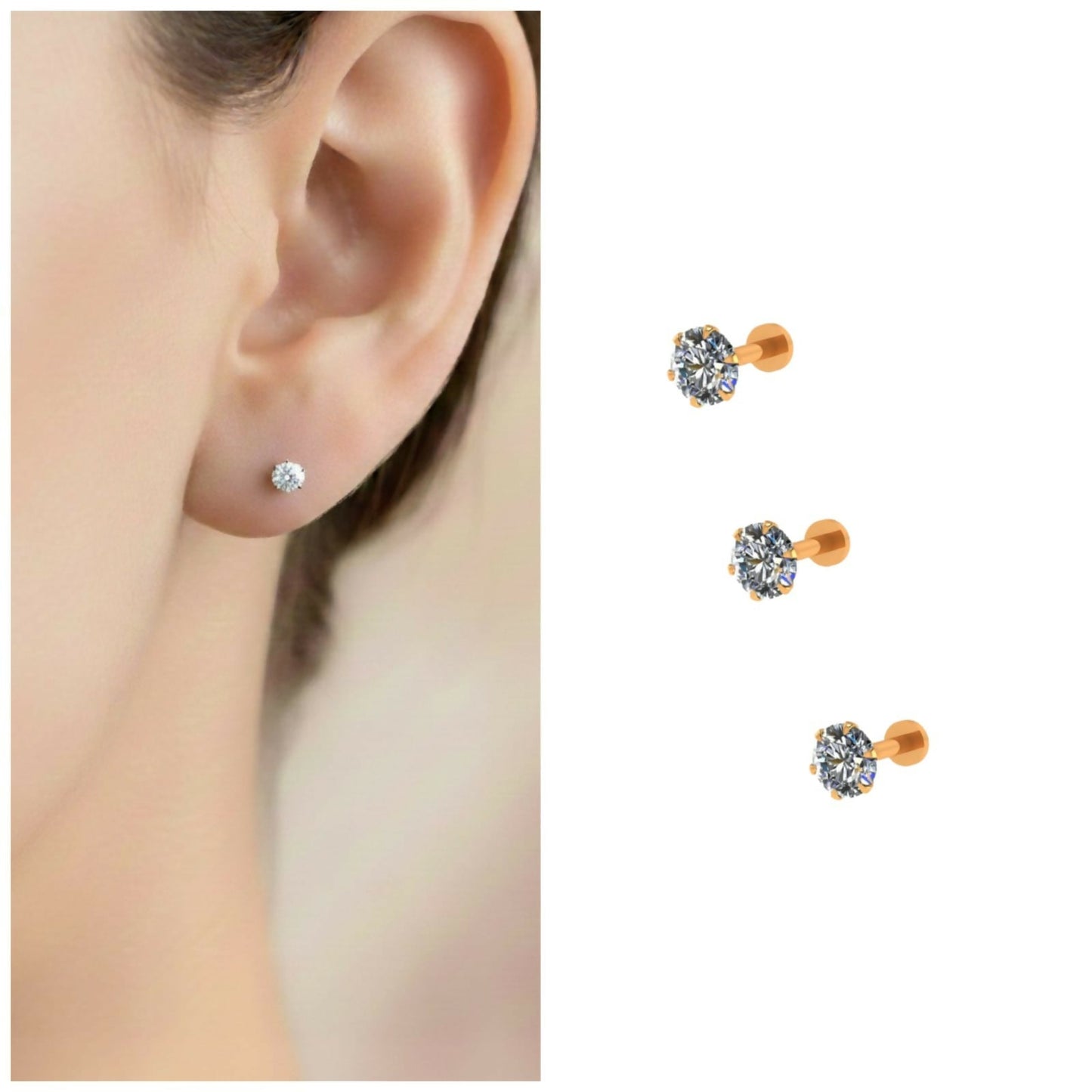 Artificial Gold plated AD Flat Back Stud Earring Internally Threaded for women and girls Combo Pack of 3