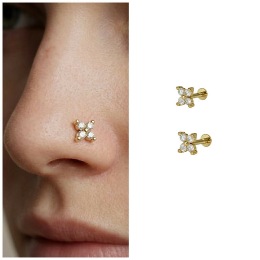 Artificial Gold plated AD Flower Flat Back Nosepin Stud Combo Pack of 2