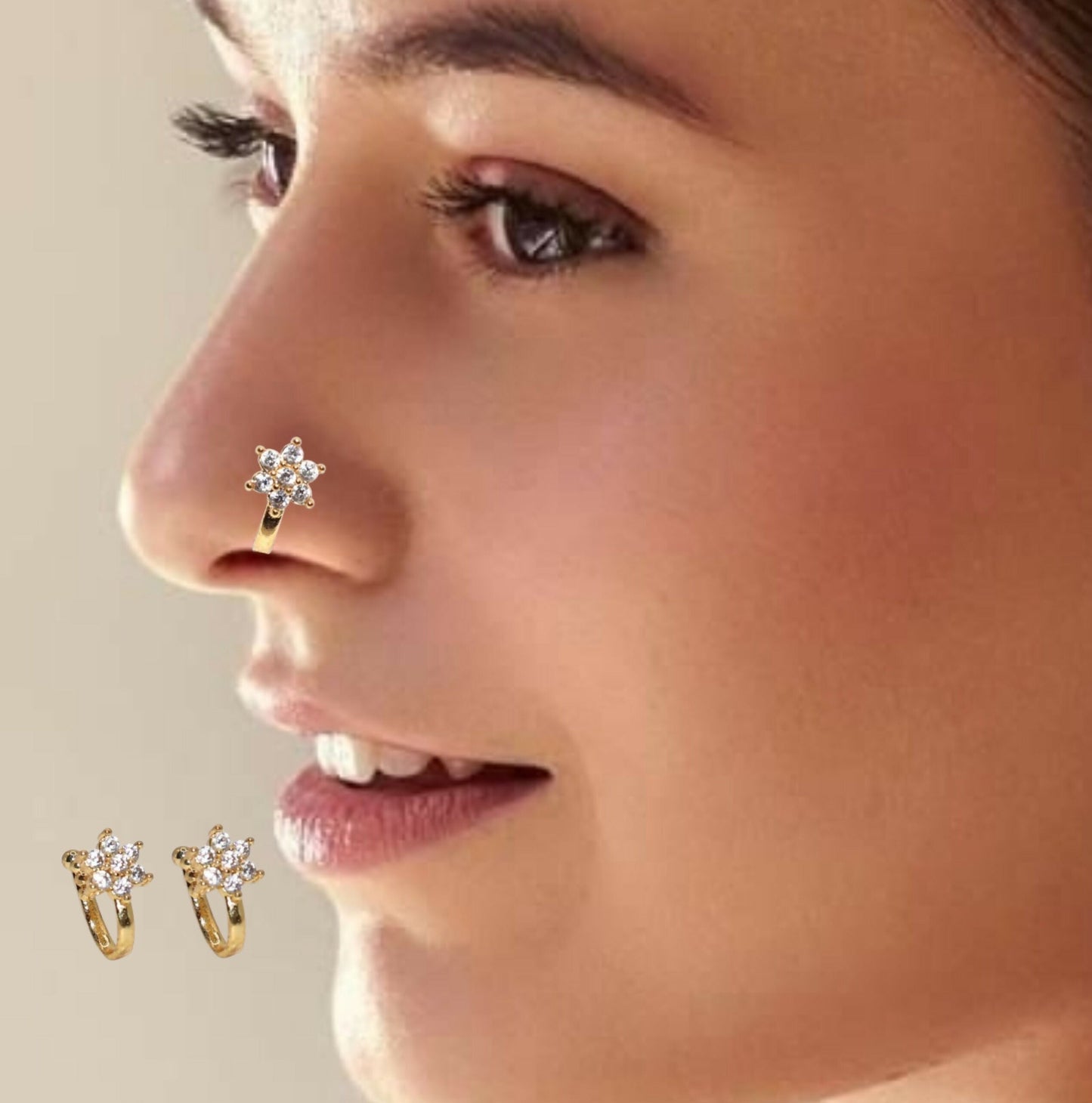 Artificial Gold Plated Floral Crystal Clip-On Nosepin for women and girls combo pack of 2