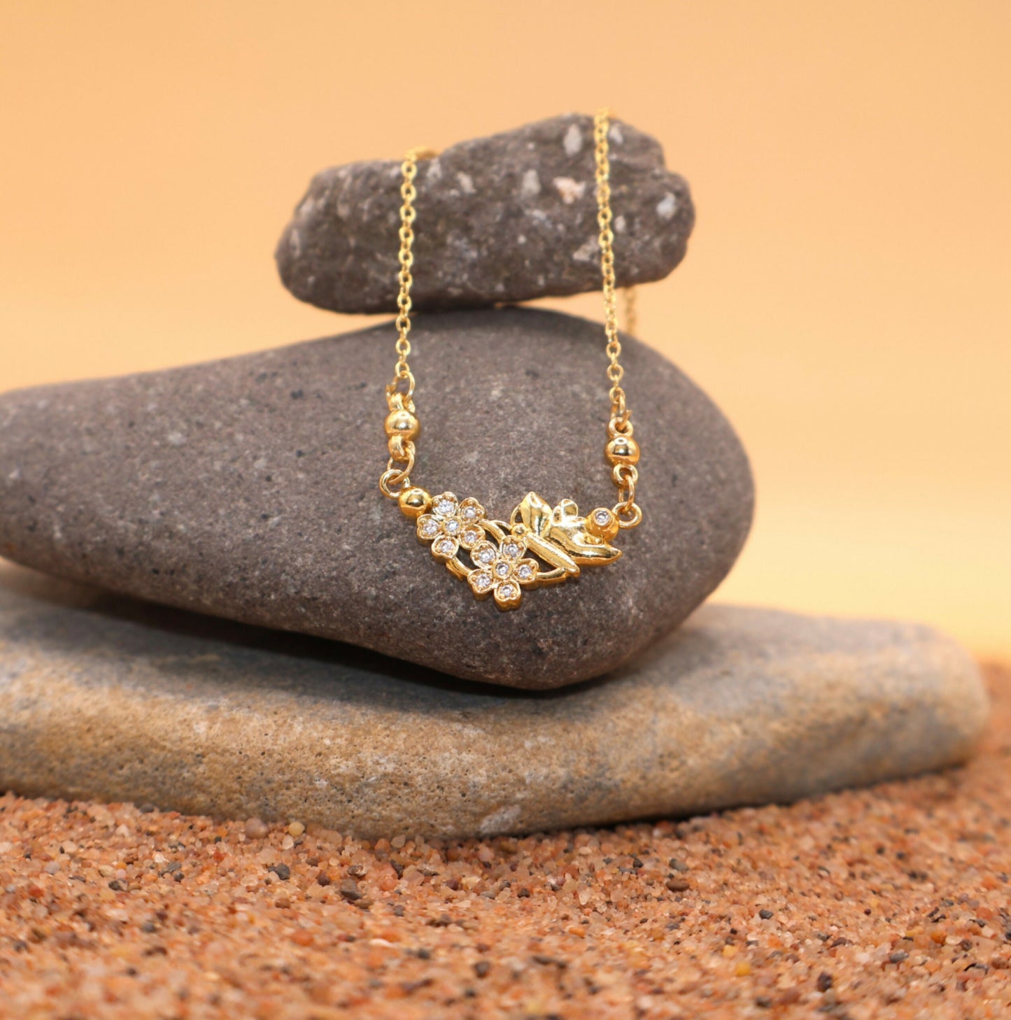 Artificial Gold Flower & Butterfly Necklace AD Floral Pendant For women and girls