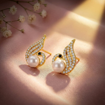 Pearl Swan Stud Earrings with Crystal Wings and    Artificial Gold Finish for Women