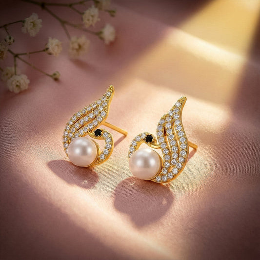 Pearl Swan Stud Earrings with Crystal Wings and    Artificial Gold Finish for Women