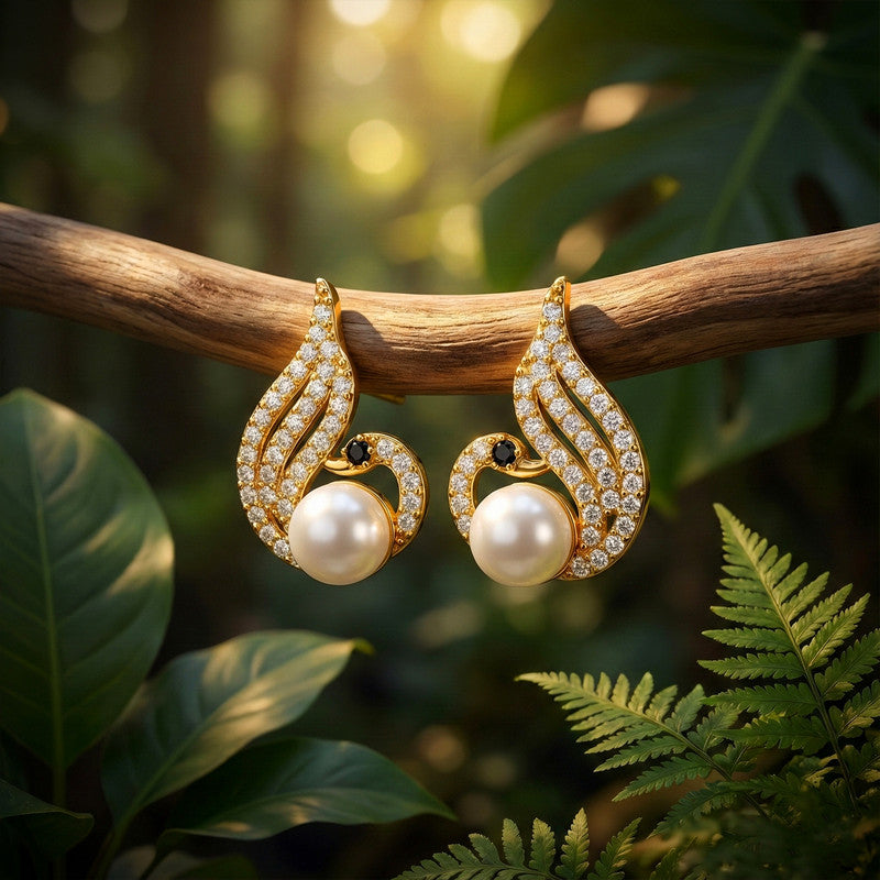 Pearl Swan Stud Earrings with Crystal Wings and    Artificial Gold Finish for Women