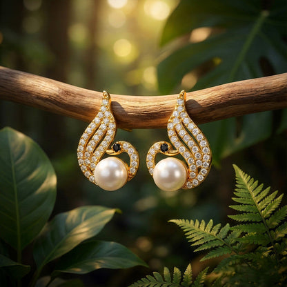 Pearl Swan Stud Earrings with Crystal Wings and    Artificial Gold Finish for Women