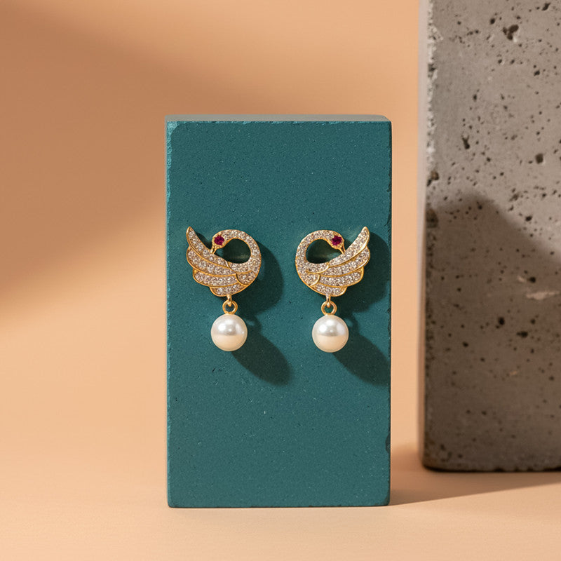 Pearl Drop Swan Design Stud Earrings with Crystal Detailing and    Artificial Gold Finish