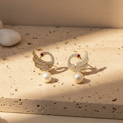 Pearl Drop Swan Design Stud Earrings with Crystal Detailing and    Artificial Gold Finish
