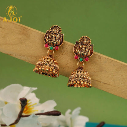 Traditional Antique   Artificial Gold-Plated Temple Jhumka Earrings Combo Set for Women & Girls (Set of 5)