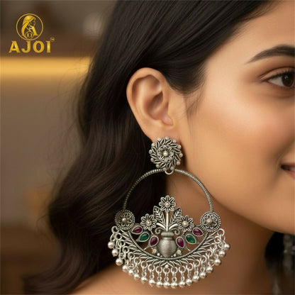 Oxidised Silver Floral Chandbali Earrings with Color Stone Detailing & Ghungroo Drops
