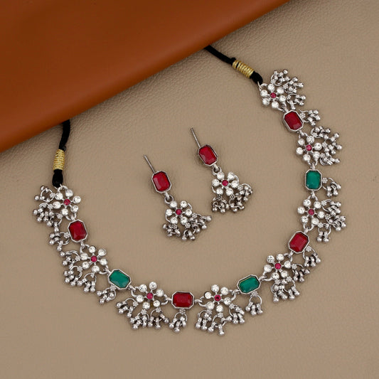 Oxidized Silver Green-Pink Rectangular Stone Choker