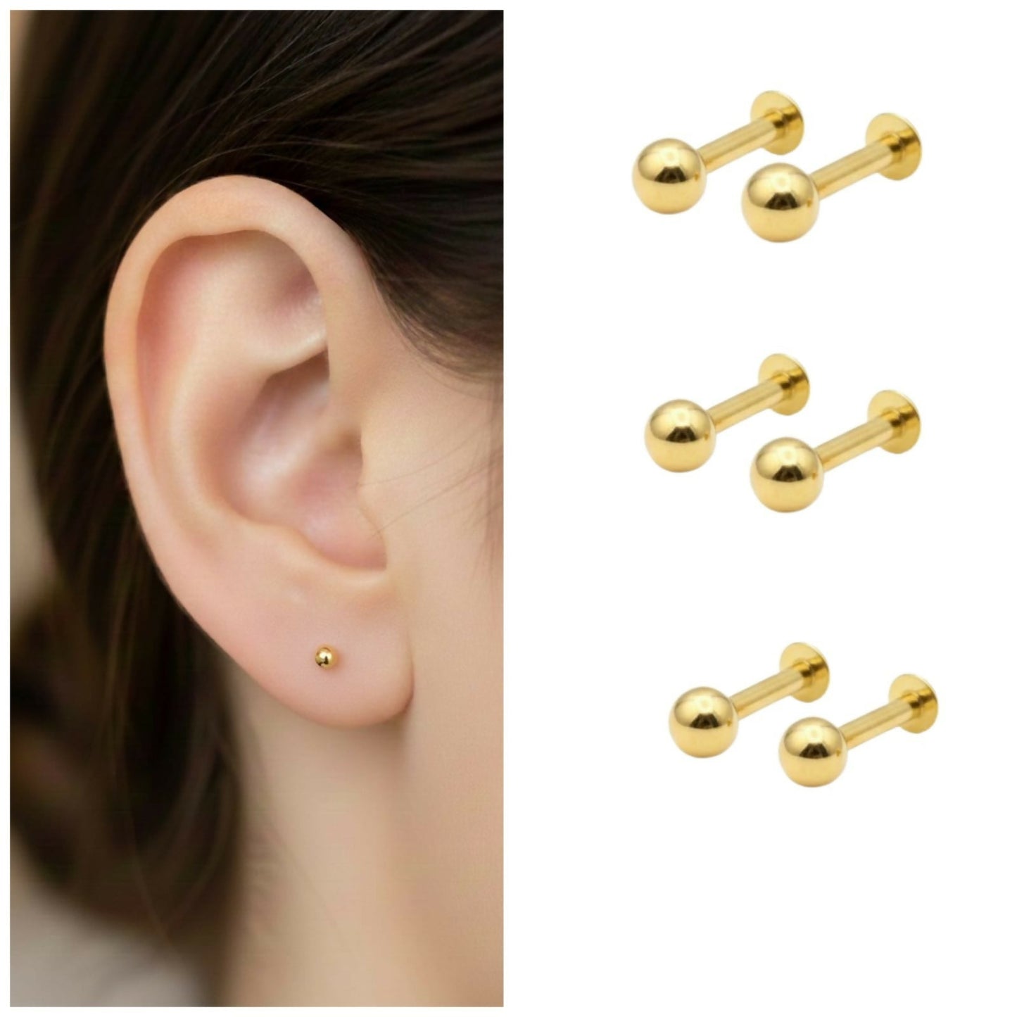 Artificial Gold plated Back Stud Earrings Ball Labret Piercing Set for women and girls Combo Pack of 6