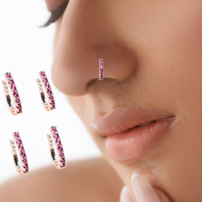 Rose    Artificial Gold Pink CZ Double Row Non-Pierced Nose Cuff/Ring Combo Pack of 4