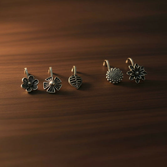 Oxidized Silver Designer Nose Pins for Women & Girls (Pack of 5)