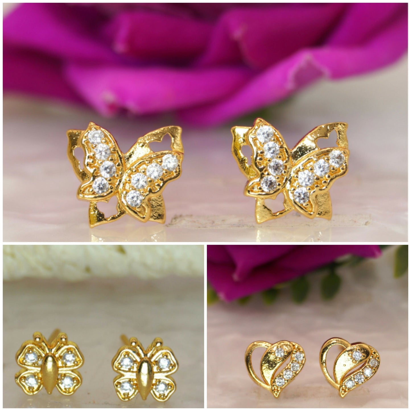 "   Artificial Gold Butterfly & Heart Stud Earrings AD for women and girls Combo Pack of 3