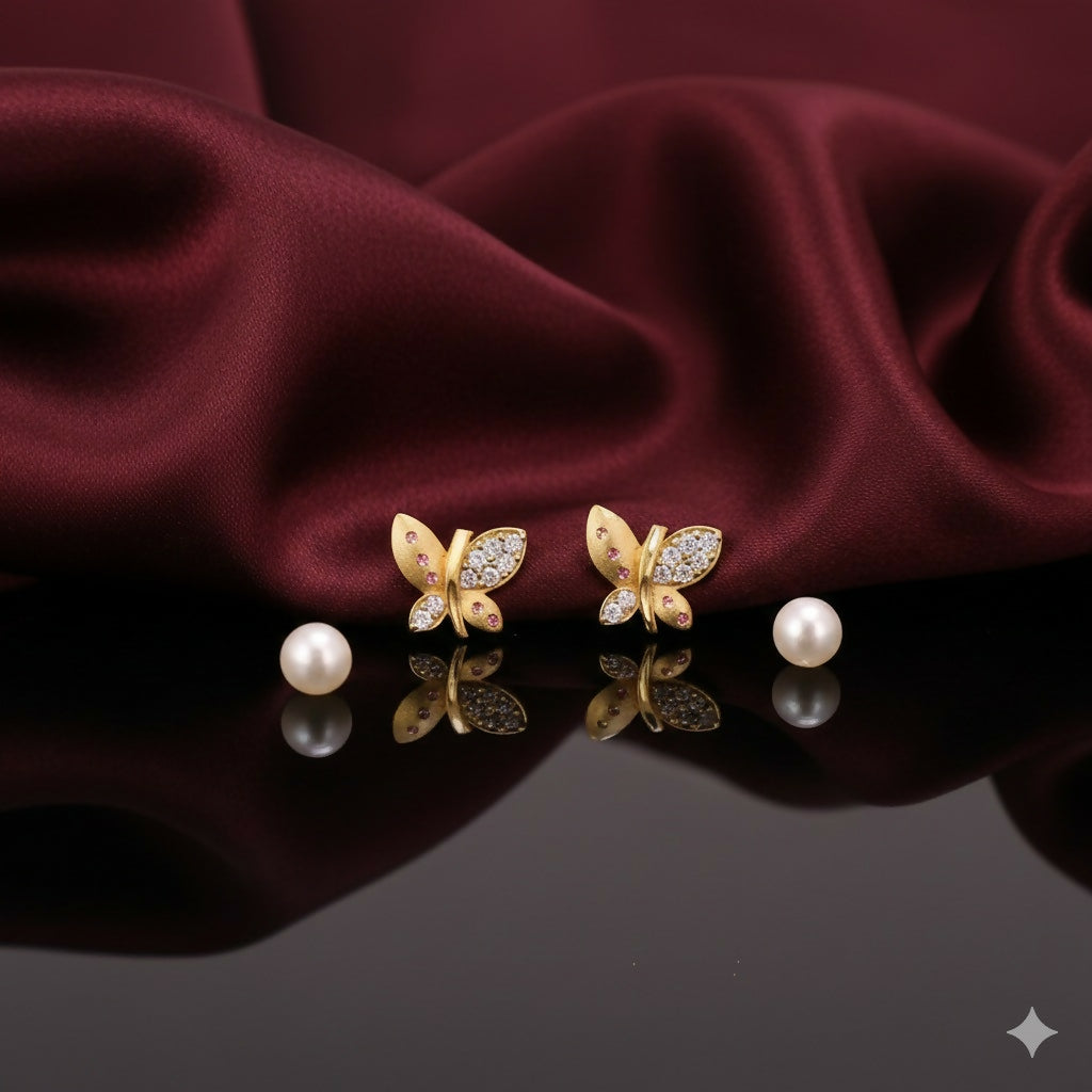 Artificial Gold Plated Matte Butterfly earing Studs with AD for women and girls