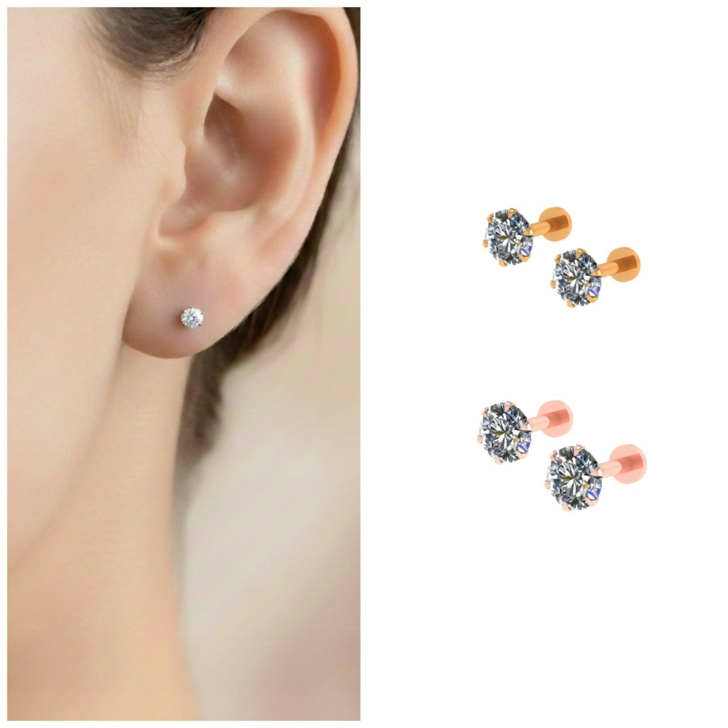 Artificial Gold Plated Round AD Solitaire Flat Back Stud Earrings Combo Pack of 2