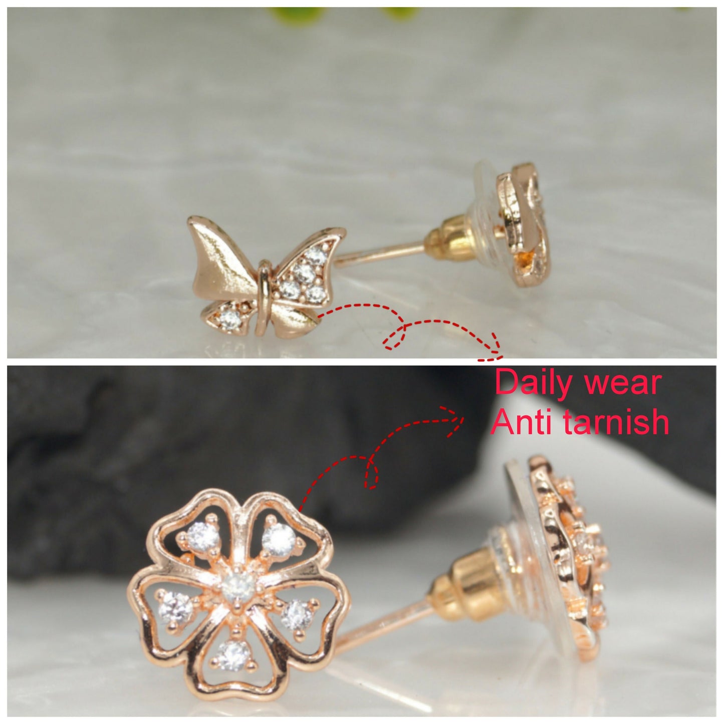 Rose    Artificial Gold Plated Butterfly & Flower Stud Earrings Set for women and girls Combo Pack of 2