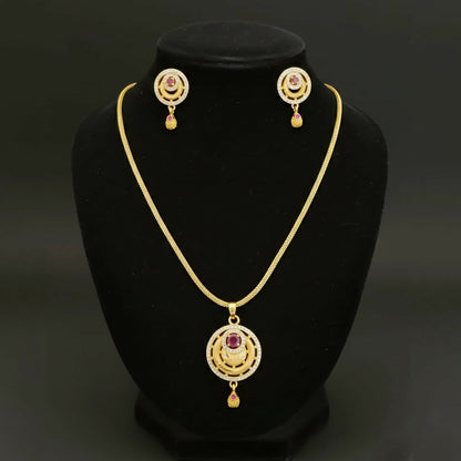 Artificial Gold-Tone Fashion Pendant Necklace Set with Ruby Accents and Matching Stud Earrings