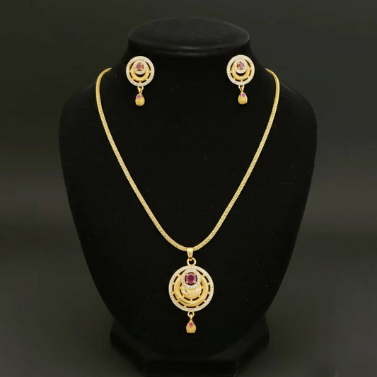 Artificial Gold-Tone Fashion Pendant Necklace Set with Ruby Accents and Matching Stud Earrings