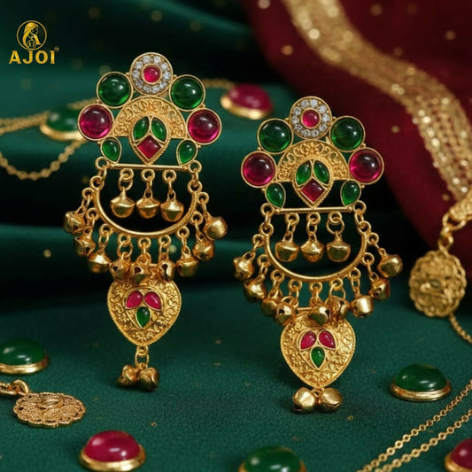 Kasmiri   Artificial Gold-Plated Chandbali Earrings with Green & Pink Stones