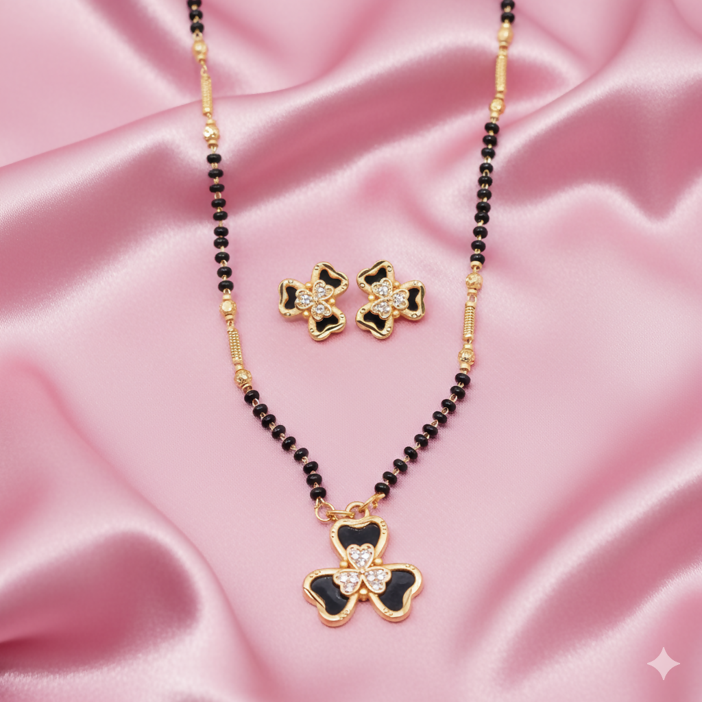 Artificial Gold-Plated AD Floral Mangalsutra Set with Clover Stud Earrings for women