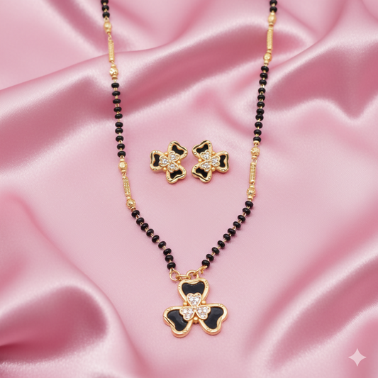 Artificial Gold-Plated AD Floral Mangalsutra Set with Clover Stud Earrings for women