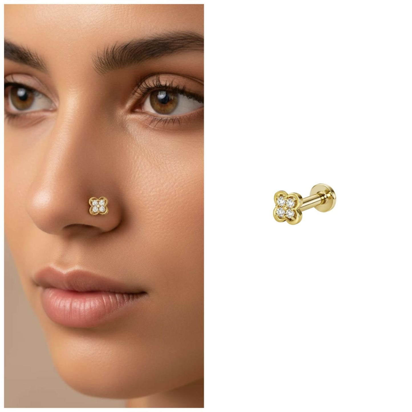 Artificial Gold plated Clover Flat-Back AD Nosepin Stud Piercing for women and girls