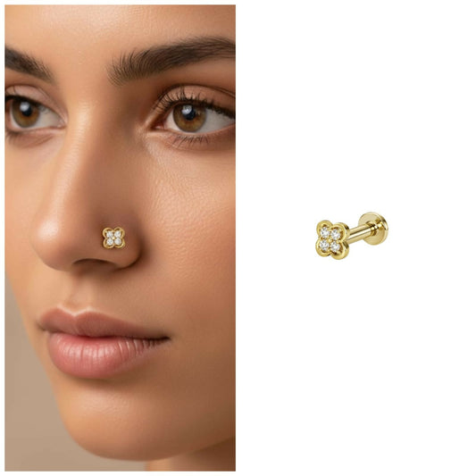 Artificial Gold plated Clover Flat-Back AD Nosepin Stud Piercing for women and girls