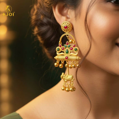 Antique Gold-Plated Red & Green Stone Tribal Drop Earrings with Cow Earrings