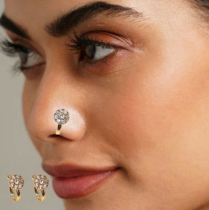 Artificial Gold Plated Non-Piercing CZ Crystal Cluster Nose Pin/Nath Combo Pack of 2