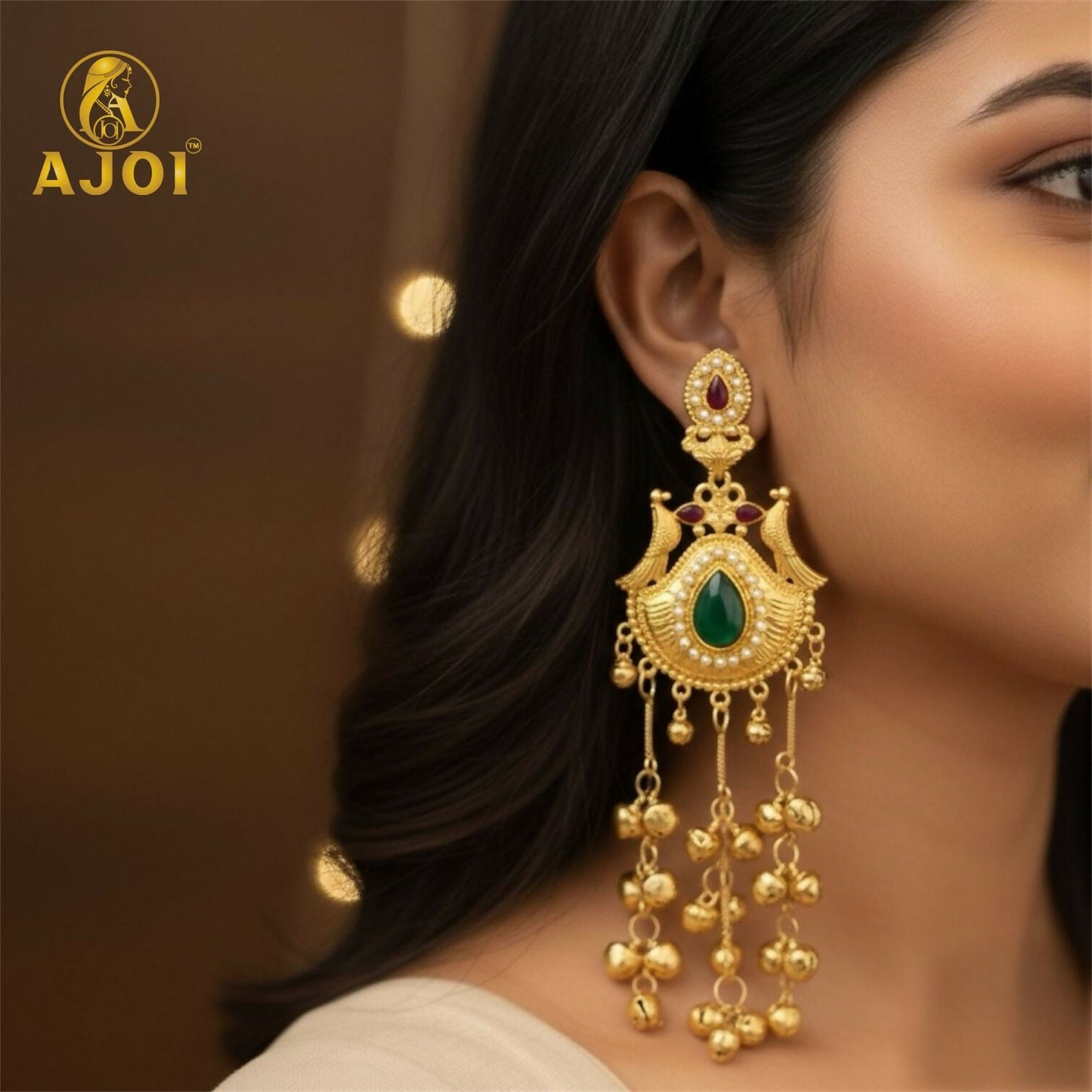 Traditional Kashmiri   Artificial Gold-Plated Jhumka Earrings with Green Stone & Ghungroo Drops