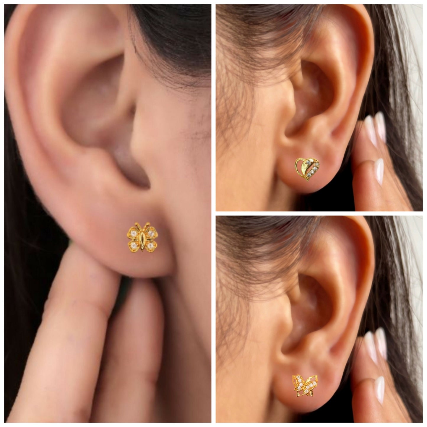 "   Artificial Gold Butterfly & Heart Stud Earrings AD for women and girls Combo Pack of 3