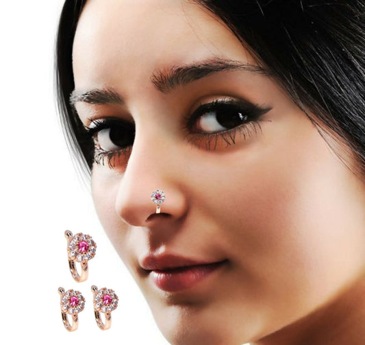 Rose    Artificial Gold Plated Ruby Floral Non-Piercing Clip-On Nose Pin Combo Pack of 3