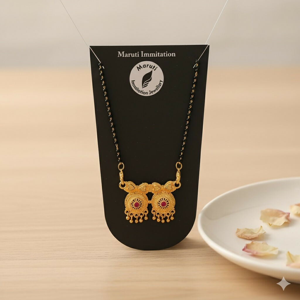 Elegant  Artificial Gold-Tone Mangalsutra with Dual Pendant & Pink Stone Detailing