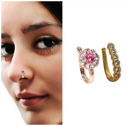 2Pc    Artificial Gold Rose    Artificial Gold AD Non-Piercing Nose Ring & Side Cuff Set