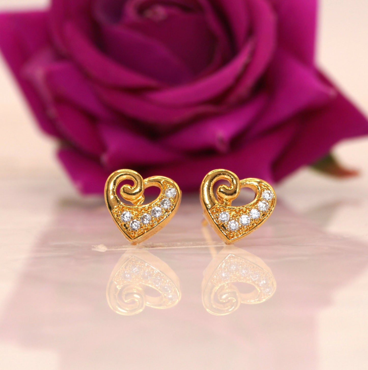 Artificial Gold-Plated Heart Stud Earrings with AD for women & girls