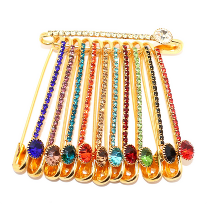 Rainbow Crystal Safety Pin Brooch -    Artificial Gold Tone Multi-Color Rhinestone Pin