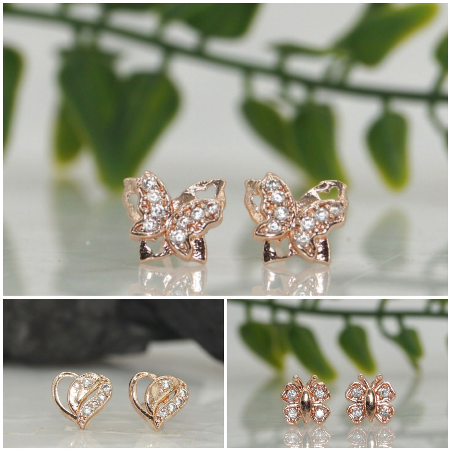 Rose    Artificial Gold Plated AD Butterfly & Heart Stud Earrings Set for women and girls Combo Pack of 3