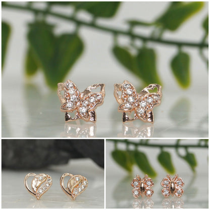 Rose    Artificial Gold Plated AD Butterfly & Heart Stud Earrings Set for women and girls Combo Pack of 3